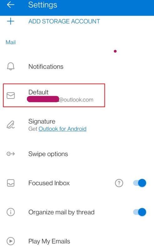 outlook android default account selection